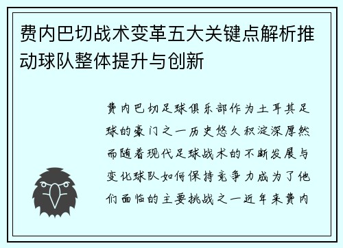 费内巴切战术变革五大关键点解析推动球队整体提升与创新