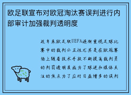 欧足联宣布对欧冠淘汰赛误判进行内部审计加强裁判透明度